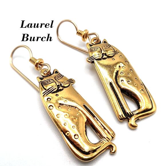 Laurel Burch Siamese Cat Earrings Gold Plated Vintage 1980s Signed Dangle - Picture 1 of 10